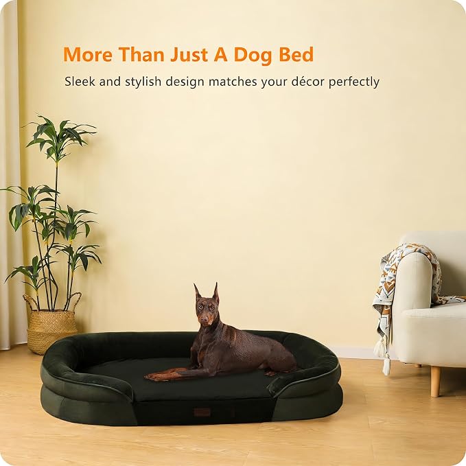 Dwanton Orthopedic Dog Bed for Extra Extra Large Dogs with Gel Memory Foam, Waterproof Dog Sofa, Washable Pet Bed with Four Sided Bolster Cushion, Removable Cover & Non-Slip Bottom, 48", Green