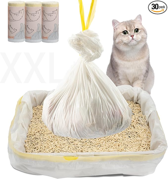 30 Count Litter Box Liners Jumbo 45" x 18" Tear Resistant Cat Litter Bags Liners 2.5MIL Thicken Drawstring Durable Cat Pan Liners Extra Large Kitty Litter Box Bag Disposable Pet litter Bags