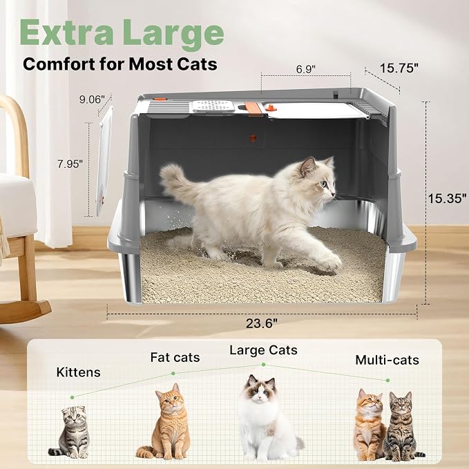 Stainless Steel Litter Box with Flip Lid, XL Extra Large Cat Litter Box with High Sided Top Entry Design, Anti-Leakage Enclosed Metal Litterbox for Big Cats, with Handle, Mat, Pedal & Scoop, Dark Grey