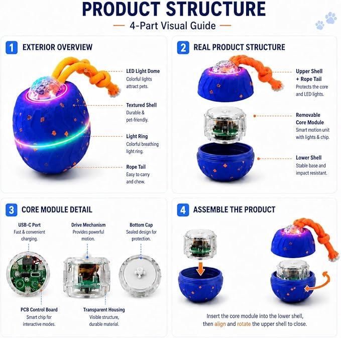 Smart Dog Ball E-TPU Interactive Dog Ball, Automatic Rolling with LED Glow (Blue, Oval)
