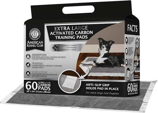 American Kennel Club Charcoal Puppy Training Pads, with Anti-Slip Adhesive Backing, Quick Dry Gel and Activated Carbon Odor Control (Charcoal, 60 Count - (XXL 28 x 34))