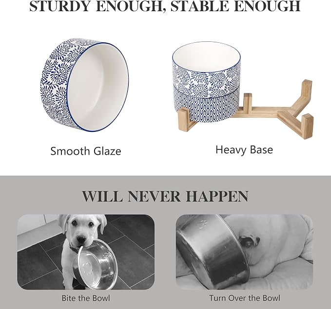 Selamica Ceramic 30 OZ Dog Bowls with Wooden Stand, Anti-Slip Dog Dishes Set for Cats & Small Dogs, Weighted Pet Bowls Set of 2, Vintage Blue