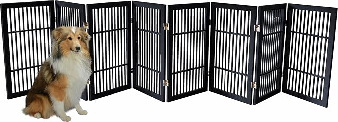 Urnporium Pet Dog Gate Freestanding, Strong Durable Folding Wooden Fence, Portable Acacia Hardwood Safety Barrier for Indoor & Outdoor Use (Black Pet Gate, 8 Panel 30" Tall)