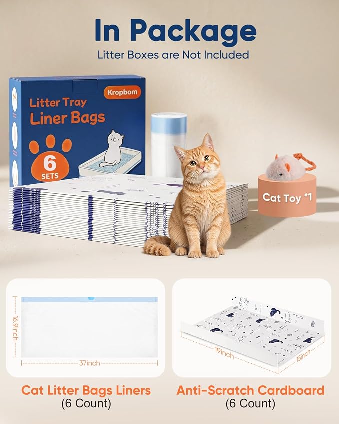 6 Pack Litter Box Liners Compatible with Safe Pets Scoopfree Cat Litter Box Tray Refill, Large Cat Waste Poop Bags with Anti-scratch Cardboard and Drawstring Heavy Tear-resistant- 37" x 16"