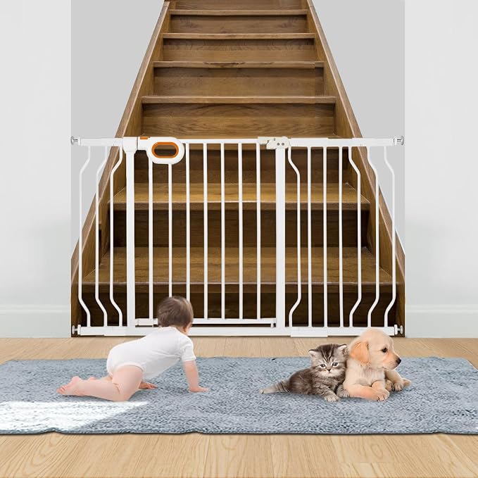 owlie Baby Gate for Stairs 29-52 Inch Wide, Safety Gate for Baby Adjustable Pet Gate with Door Pressure Mounted Gates for Kids Toddler Dogs Extension Kit Indoor Stairway Doorway White (30.5'' Tall)