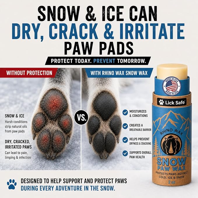 Rhino Wax - Dog Paw Snow Wax 2oz - Winter Balm for Dogs Feet - Protects Against Cold, Icy, Salt, Wintery Conditions - Moisturizes and Improves Elasticity - Lick-Safe, Natural Ingredients - Made in USA