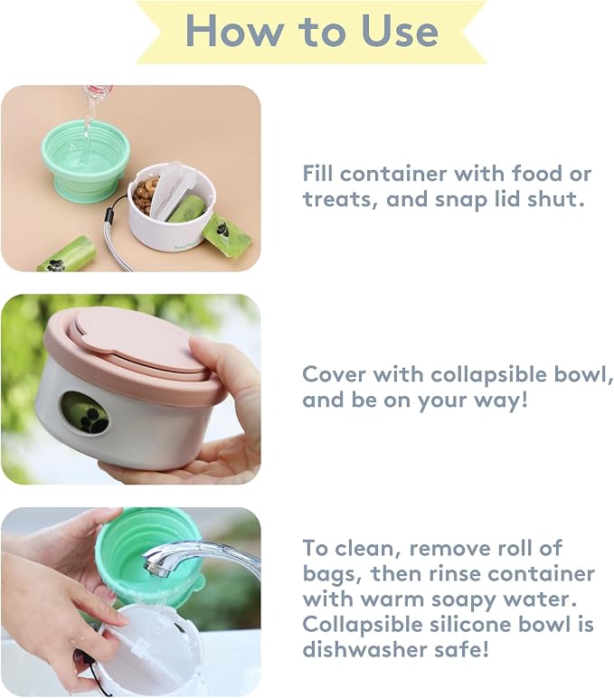 Travel Hero 3-in-1 Portable Pet Food Container for Puppies and Small Breeds, Comes with a Silicone Water Bowl and Poop Bag Dispenser in One, Blush Pink