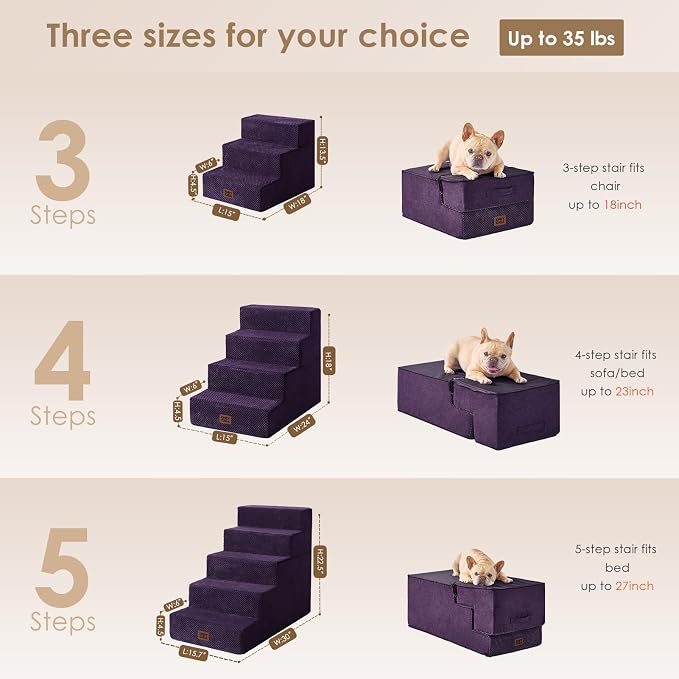 EHEYCIGA Dog Stairs for Small Dogs 13.5" H, 3-Step Dog Steps for Couch Sofa and Chair, Pet Steps for Medium Cats, Non-Slip Balanced Pet Ramp Indoor, Purple