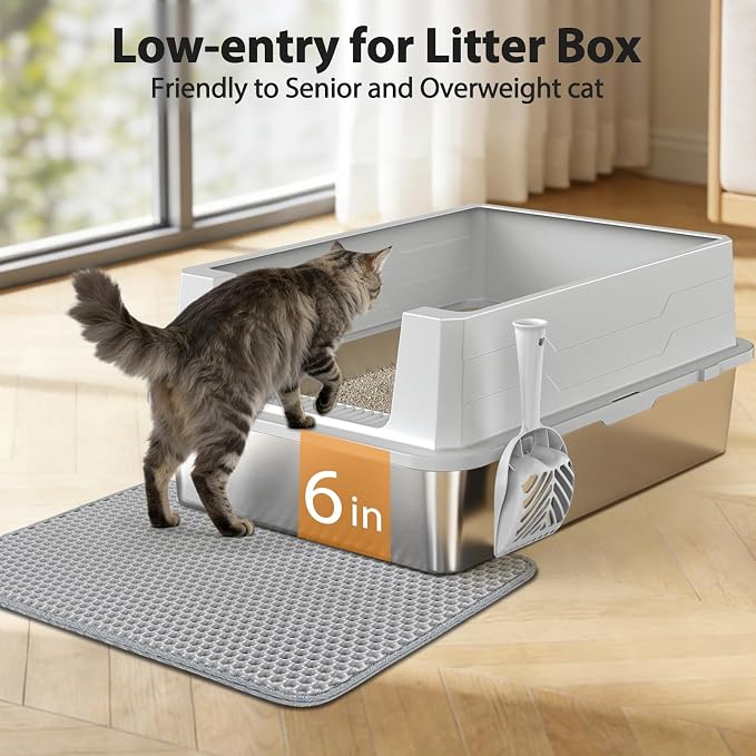 FURTIME Stainless Steel Cat Litter Box, Easy-Clean High-Sided Metal Litter Box, Open-Top Litter Pan for Large Cats, Great for Multi-Cat Homes,Includes Scoop&Mat, Non-Stick, Anti-Leakage, 28"×20"×12.2"