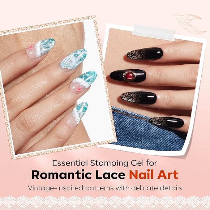 Modelones 16PCS Lace Nail Stamping Kit, French Tip Stamper White Black Painting Gel Polish Chrome Powder Proof Matte Gel Top Coat Gingham Template Dual Nail Art Brush Spring Manicure Gift for Women