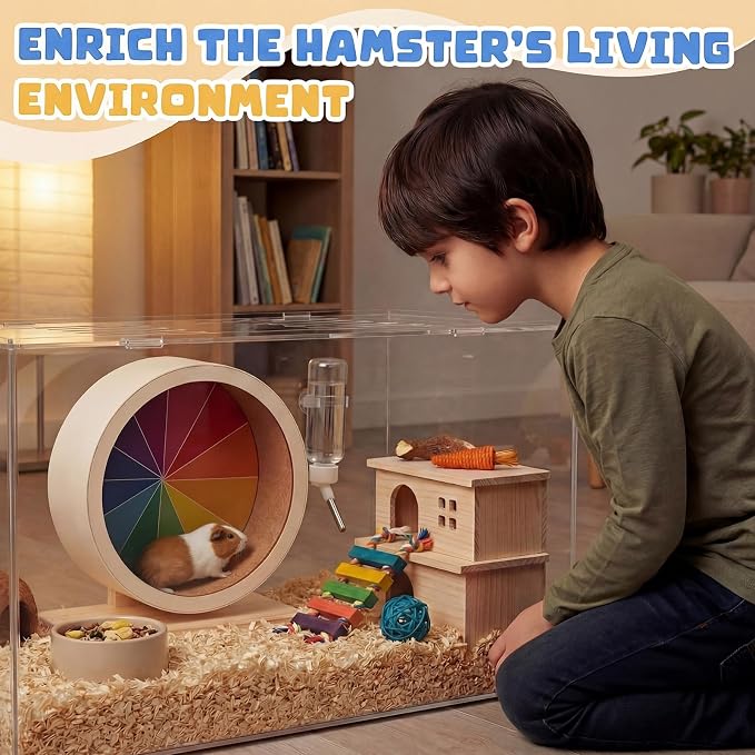 Geelin 12 Inch Hamster Wooden Silent Wheel, Rainbow Printed Small Animal Exercise Wheel, Quiet Spinner Hamster Running Wheels Toys for Hamsters, Gerbils, Mice and Other Small Pets