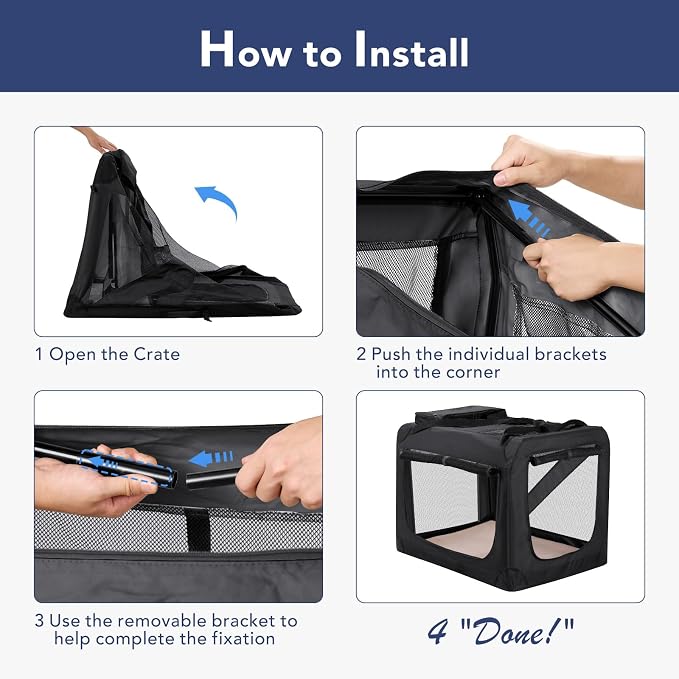 HICC PULE Collapsible Portable Dog Crate, 36 Inch Large Dog Crate Ideal as Travel Dog Crate for Large/Medium Dogs, 3-Door Soft-Sided Pet Kennel for Indoor & Outdoor, Car Trip, Black