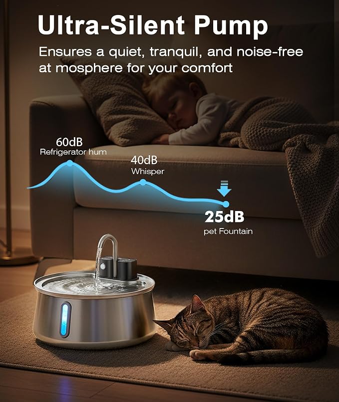 CEESC Cordless Cat Water Fountain Stainless Steel, 4L/135oz Automatic Pet Water Dispenser with Motion Sensor, Multi-Filtration, Ultra Quiet Pump, Long-Lasting 4000mAh Battery for Indoor Cats & Dogs