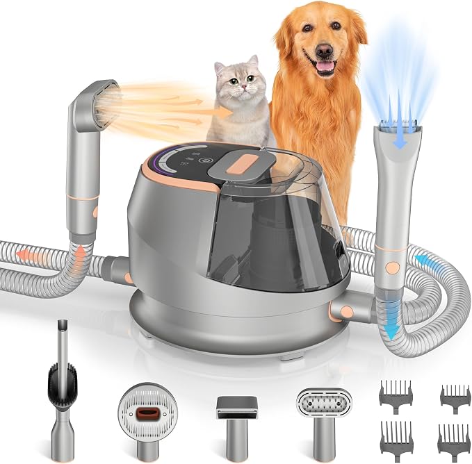 9-in-1 Pet Grooming Vacuum Kit – Dog Hair & Cat Hair Grooming, 18Kpa Suction, 4.5L Dust Bin, 1000W Hot Air Dryer, LED Display, Adjustable Grooming Clippers & Shedding Tool