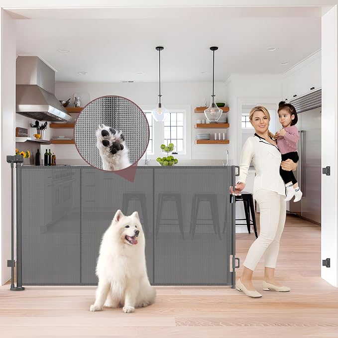 GRENFU Reinforced 41 Inch Extra Tall Pet Gate, 80 Inch Extra Wide, Retractable Baby Gate with Support Rods, Gray, Metal Frame with Mesh Fabric, Ideal for Dogs and Babies
