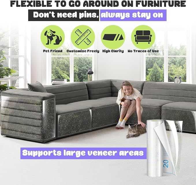 JINVOGREEN Iridescent Cat Scratch Furniture Protector, 160" x 12.4" Clear Anti Cat Scratch Protector, Thickened Self-Adhesive Furniture Cat Scratch Protector