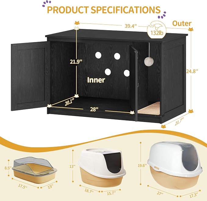 Hzuaneri Cat Litter Box Enclosure, Hidden Litter Box Cabinet Furniture with Bell, Indoor Cats House, Farmhouse Style, 39.4 x 21.7X 24.8 Inches for Hallway, Bedroom, Black CB85204X