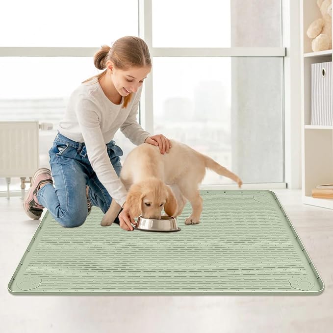 Cat Food Mat, 40" x 28" Cat Litter Mat Extra Large Silicone Pet Feeding Mat with Raised Edge Pet Placemat for Food and Water Bowl Non-Slip, Easy to Clean, Floor Protection (Green)