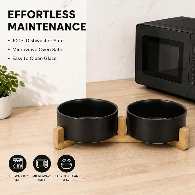 SPUNKYJUNKY Ceramic Dog and Cat Bowl Set with Wooden Stand, Modern Cute Weighted Food Water Bowl Set for Medium to Large Size Dogs (42 OZ, 2 × Black)