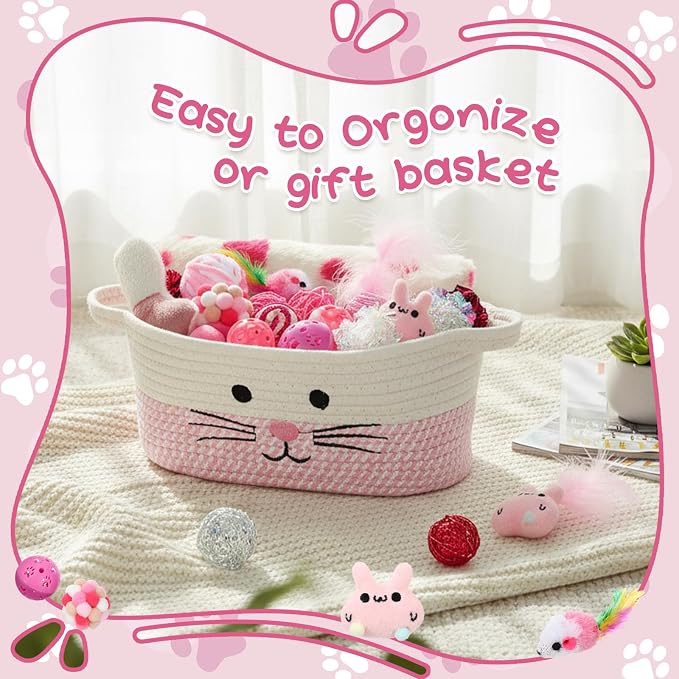 Zopeal 38 Pcs Graduation Cat Toy Set Interactive Cat Toys Pack Including Cats Gift Basket Feather Teaser Wand Plush Gift Outfit Mice Crinkle Balls and Pet Bell Balls, Puzzle for Indoor(Pink)