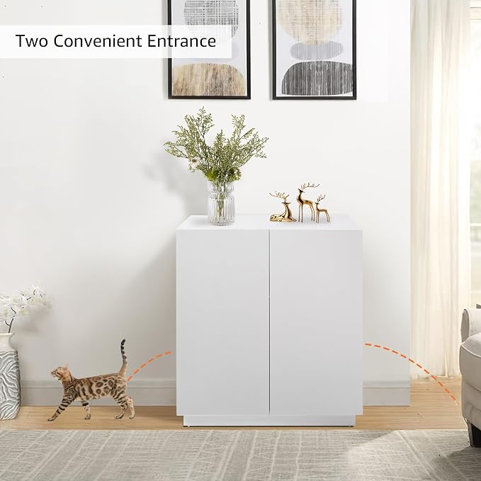 unipaws Tall Cat Litter Box Enclosure with Shelves, Hidden Litter Box Cover for Tall or Top Entry Litter Box, Kitty Enclosed Litter Box Cabinet, Cat Box Furniture，White