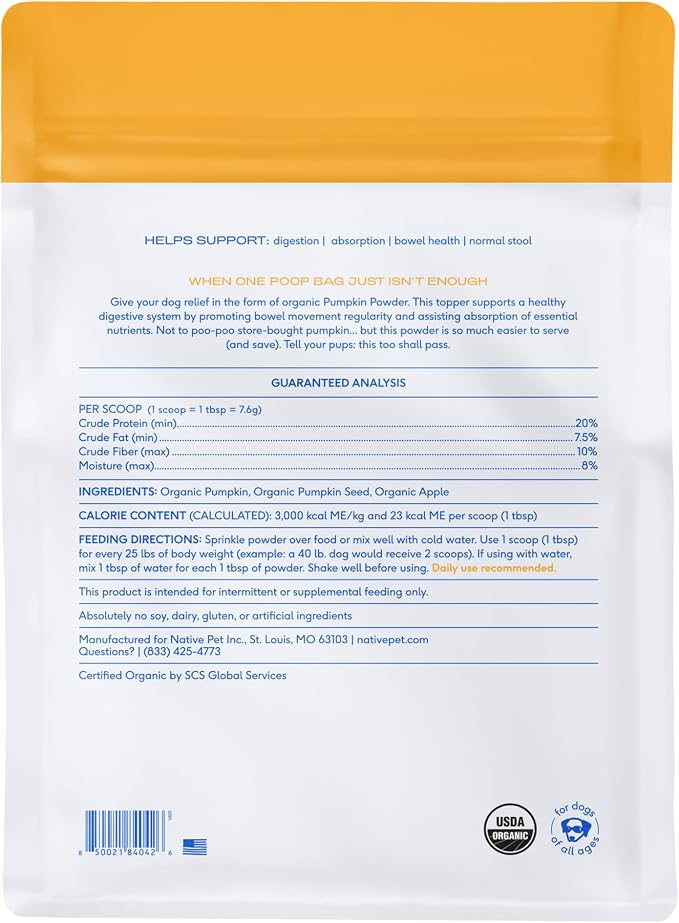 Native Pet Pumpkin for Dogs - Organic Dog Food Topper Powder - Promotes Firm Stools, Supports Digestive, Bowel Health & Nutrient Absorption - USDA Organic, Rich in Fiber with Real Pumpkin - 120 Scoops