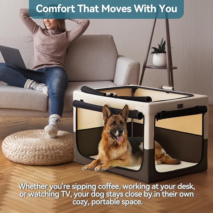 PETSFIT Portable Dog Crate for Small Dogs, – 24" Soft Dog Travel Crates with Lockable Zippers & Thicken Mat, Adjustable Patented Spiral Steel Frame, Collapsible Kennel for Indoor & Outdoor