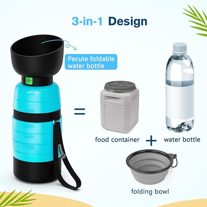 Pecute Hands-Free Dog Walking Belt Bundle: Shock-Absorbing Bungee Leash + 22oz Portable Water Bottle with Food Container, for Running Hiking Training