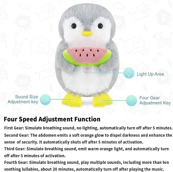 rytopt Breathing Stuffed Animal, Penguin Sloth, Simulated Breathing Sounds, 4 Gear Adjustment, Volume Control, with Music & Lights