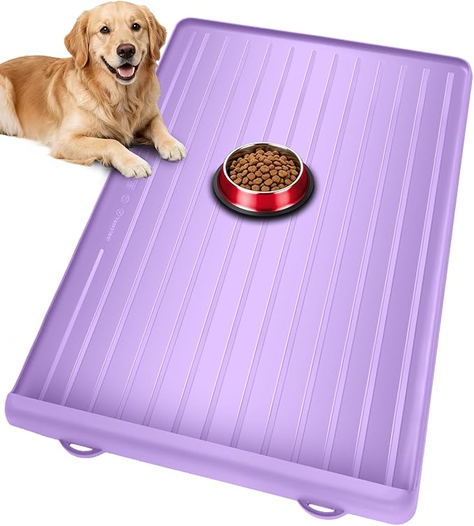 Dog Mat for Food and Water - 39.4" x 27" Large Pet Feeding Mats with Residue Collection Pocket - Waterproof Dog Cat Bowl Mat with High Edges to Prevent Water and Food Spills (Purple, 39.4''x27'')