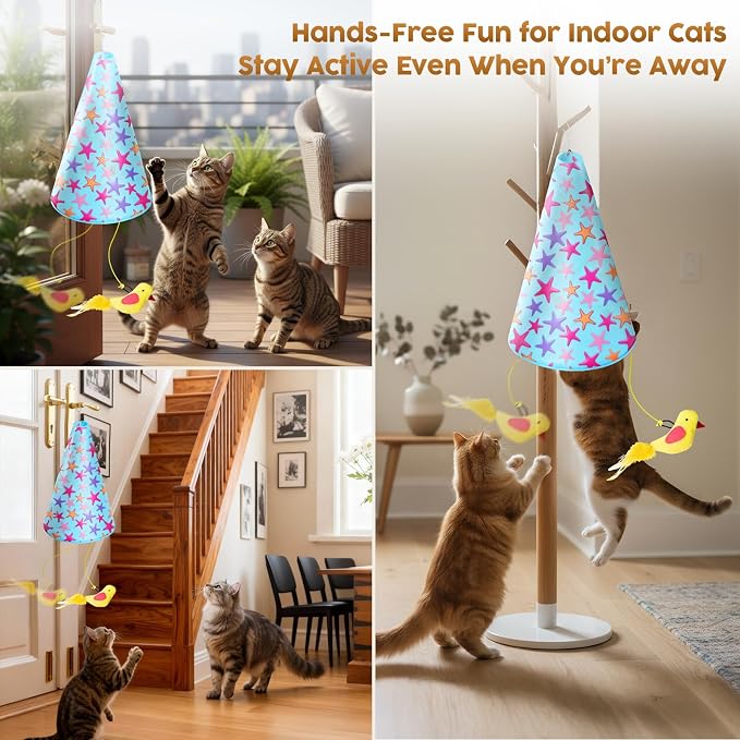 Interactive Cat Toy for Indoor Cats: 2 in1 Automatic Hide and Seek Moving Concealed Flying Bird Wand Feather with Chirping Bird Squeaky, Hanging Rechargeable Exercise Cat Toy for Kittens and Adult Cat