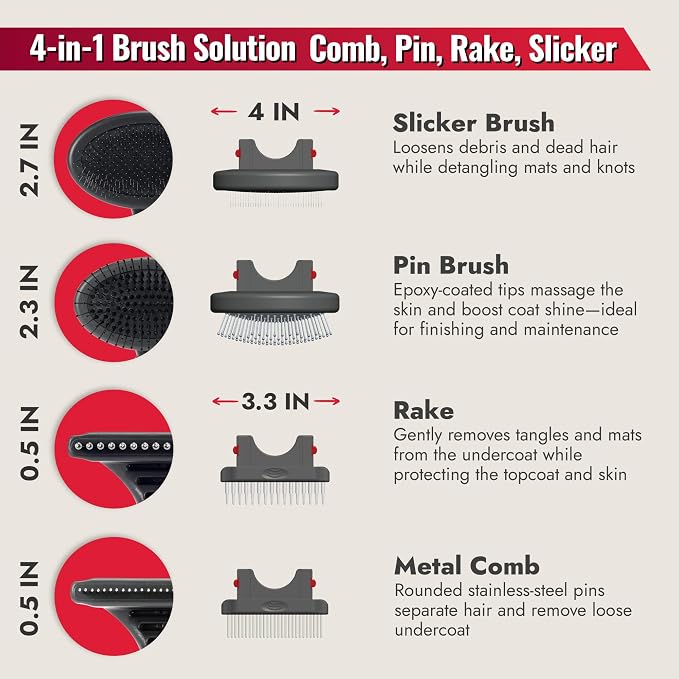 KONG 4-in-1 Interchangeable Dog Grooming Tool – Rake, Slicker, Comb & Pin Brush Heads, Versatile All-in-One Design, Non-Slip Handle, for All Coat Types, Red/Gray