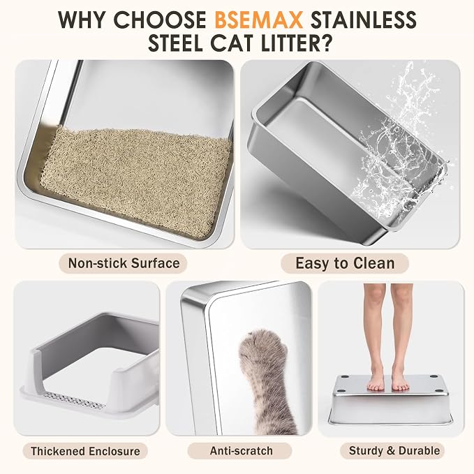 Stainless Steel Litter Box, 17.4'' x 13.5'' x 8.5'' Metal Kitty Litter Box for Small Cats Kitten High Sided Litter Boxs with Scoop Open Top Low Entry Easy to Clean Non-Sticky Anti-Leakage