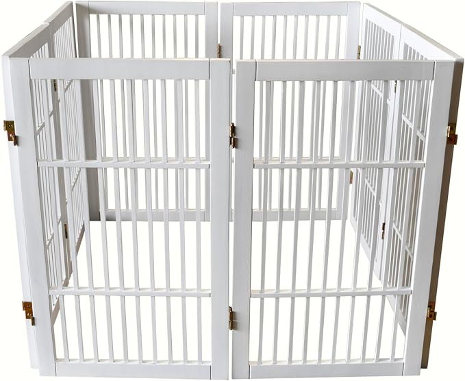Urnporium Pet Dog Gate Freestanding, Strong Durable Folding Wooden Fence, Portable Acacia Hardwood Safety Barrier for Indoor & Outdoor Use (White Pet Gate, 8 Panel 30" Tall)
