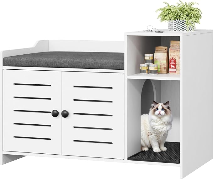 Cat Litter Box Enclosure, Hidden Litter Box Cabinet Furniture with Scratch Pad, Farmhouse Indoor Cats House with Storage Layer for Hallway, Bedroom