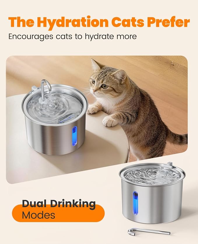 oneisall Stainless Steel Cat Water Fountain, 2L Water Fountains for Cats Indoor with Quiet Pump and 3 Replacement Filters, Pet Water Fountain Faucet Spout Design Cat Fountain Drinking Inside, PWF 001