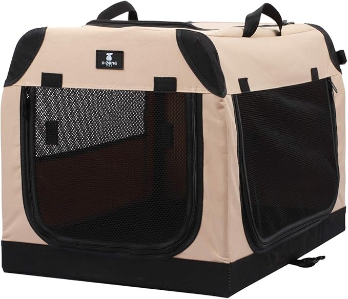X-ZONE PET 3-Door Portable Soft-Sided Folding Soft Dog Travel Crate Collapsible Pet Kennel,Large, Tan, 32 x 23 x 23 Inches