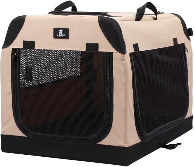 X-ZONE PET 3-Door Portable Soft-Sided Folding Soft Dog Travel Crate Collapsible Pet Kennel,Small, Tan, 24 x 16.5 x 16.5 Inches Nesting Boxes for Household Pets