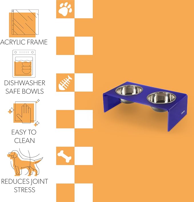 DBL2000F Keaton 5" Small/Medium Modern Acrylic Rectangular Elevated Pet Feeder with 20oz 2-Stainless Steel Bowls, Purple/Chrome