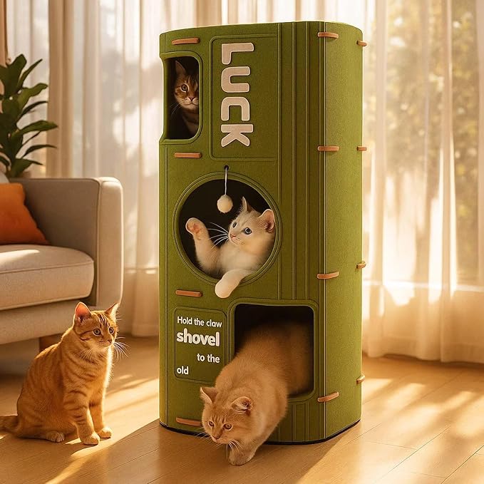 3-Tier Felt Cat House & Tunnel Bed for Indoor Cats – Enclosed Felt Cat Cave Condo with Plush Ball & Cushion – Cozy Hideaway Nest & Cat Furniture, Large Covered Casa para Gatos