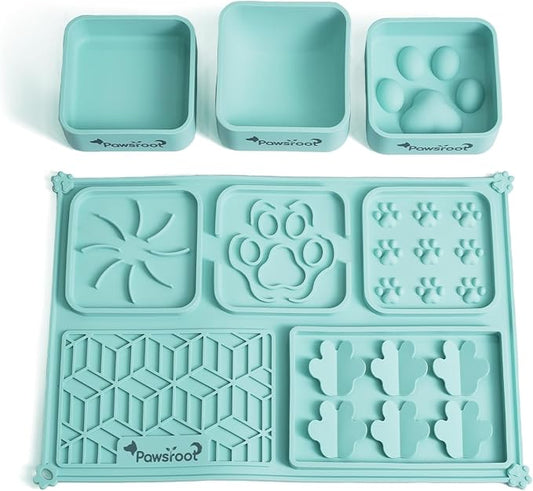 Extra Large Dog Lick Mat & Slow Feeder Bowl Set - XXL Silicone Enrichment Tray for Large Breeds - 2-in-1 Calming Puzzle Toy with 3 Removable Bowls (Soft Mint)