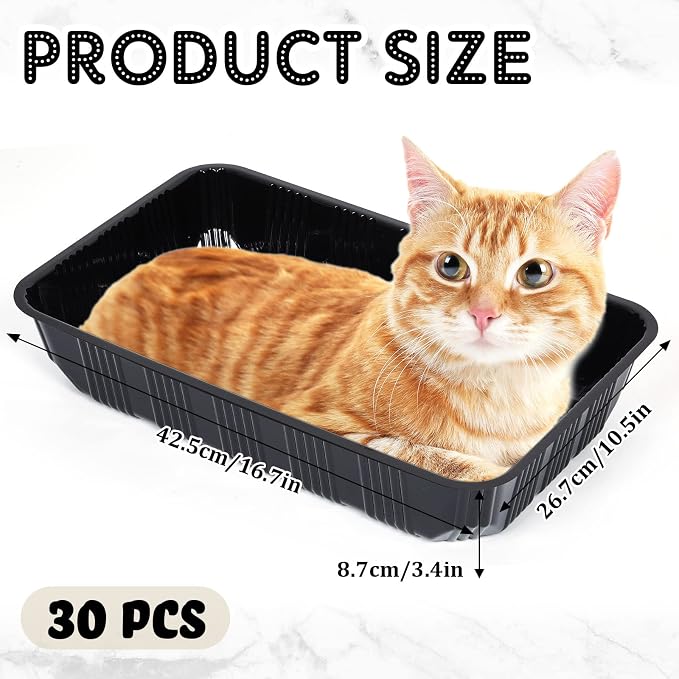 Tessco for you 30 Pack Disposable Cat Litter Boxes, Plastic Leakproof Litter Trays for Cats, Disposable Travel or Temporary Litters Pan for Kittens and Small Pets, 16.7 x 10.5 x 3.4 Inch(Black)