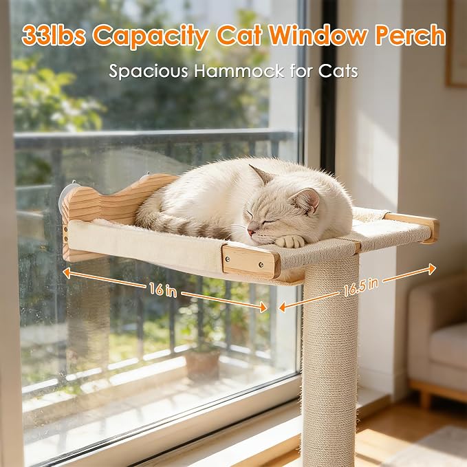 Keaber Cat Scratching Post with Window Perch, 44 Inch Adjustable Tall Sisal Rope Scratching Post for Large Cats, Suction Cup Cat Window Hammock Perch for Bird Watching, Climbing, Sleeping, Beige
