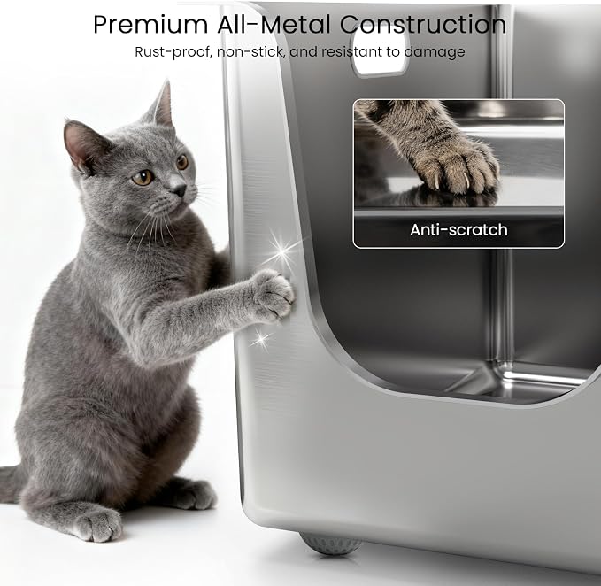 Stainless Steel Litter Box 13.7'' High Sides, XL Metal Cat Litter Box with Curved Low Entry, Cat Litter Pan for Big & Multiple Cats, Pet Toilet with Handy Wheels for Easy Moving