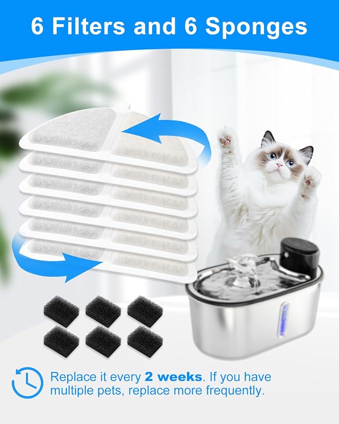 Cat Fountain Filter Compatible with LIPPUP 3.2L Stainless Steel Cat Fountain, Activated Carbon & Ion Exchange Resin, 3-Month Supply for Clean & Fresh Drinking - Pack of 6 Filters