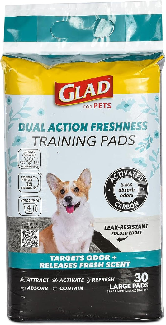 Glad for Pets Dual Action Freshness Activated Carbon Puppy Pads, Fragrance Release, Scented Odor Control, 6-Layer Leak-Proof, Pheromone Attractant, 23 x 23 Inch, 30 Count