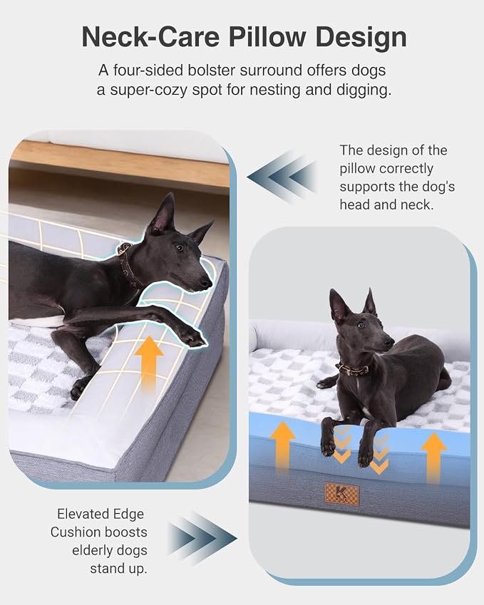 KSIIA Big Dog Bed for XL Dogs, Orthopedic Egg-Crate Memory Foam Pet Bed with Sides, Waterproof Lining and Non Slip Pet Couch with Removable Washable Cover, 44 x 32 Inch, Grey