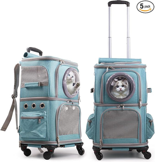 2-in-1 Pet Carrier Backpack for Two Cats or One Dog with Puller & Roller, Green Double Compartments Carry Bag for Large Fat Cat and Puppy Traveling and Hiking, Space Capsule Clear Bubble Dome