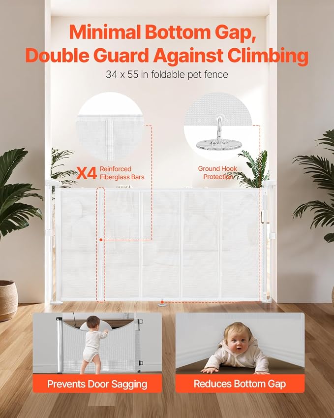 VEVOR Retractable Baby Gate, 34 inch Tall, Extends up to 55 inch Wide, Retractable Gate for Kids or Pets, Mesh Material, Easy to Install for Indoor Stairs, Doorways, Hallways, Playrooms, White