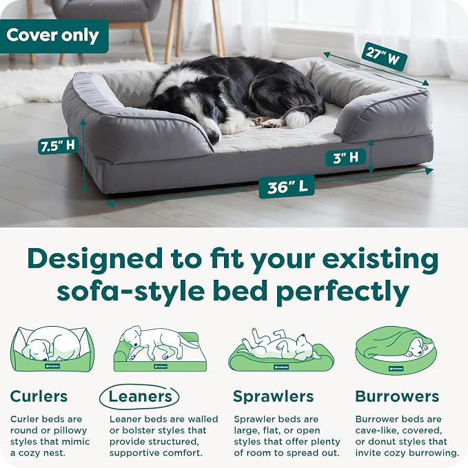 FurHaven Dog Bed Cover Replacement, Sofa-Style Design with Soft, Breathable Fabric for Cozy Comfort, Machine Washable, Large, Plush & Velvet, Granite Gray